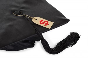 Black graduation cap on white background with price tag attached to tassel.