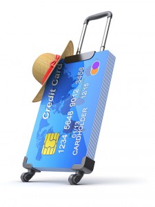 Credit card on wheels with a straw hat.