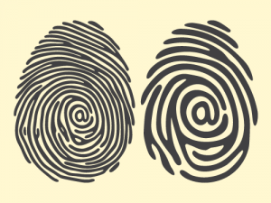 Black and white drawing of two fingerprints.