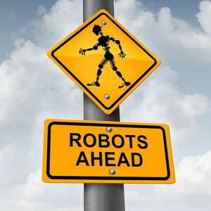 Road sign: Robots Ahead.