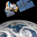 Photo of weather satellite orbiting Earth.
