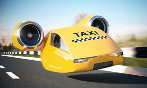 Image of bright yellow flying car taxi.