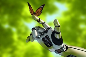 Image of a butterfly on a robot's finger.