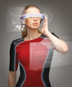 Photograph of woman wearing futuristic high-tech glasses.